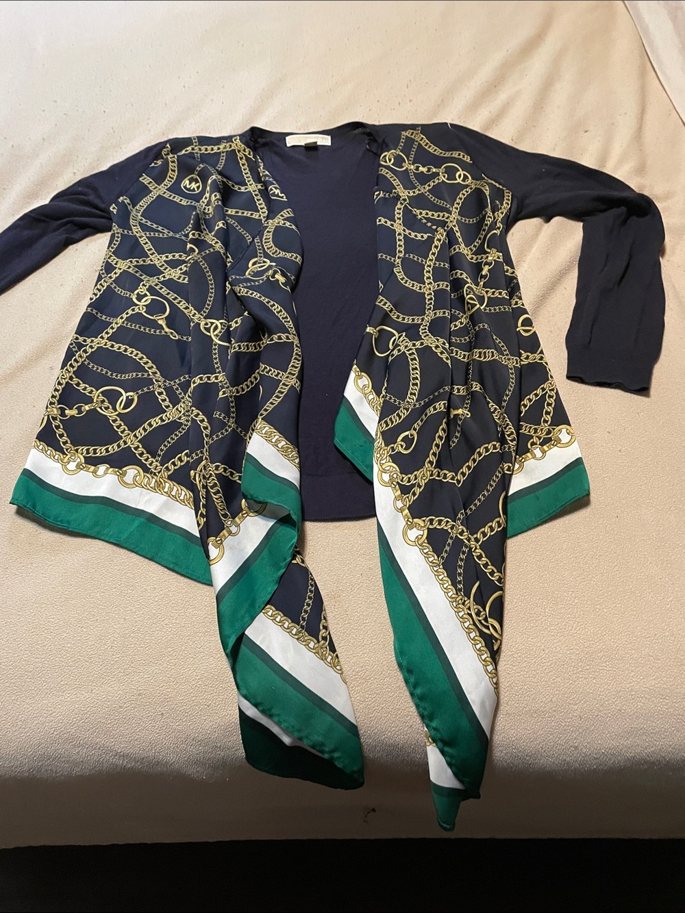 Michael Kors Navy Cardigan with Gold Chain Print and Green Trim